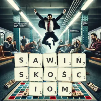 Kreatywna ilustracja do gry w Scrabble ze słowem SAWIŃSKOŚCIOM ułożonym z płytek na planszy.