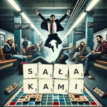 Kreatywna ilustracja do gry w Scrabble ze słowem SAŁAKAMI ułożonym z płytek na planszy.