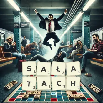 Kreatywna ilustracja do gry w Scrabble ze słowem SAŁATACH ułożonym z płytek na planszy.