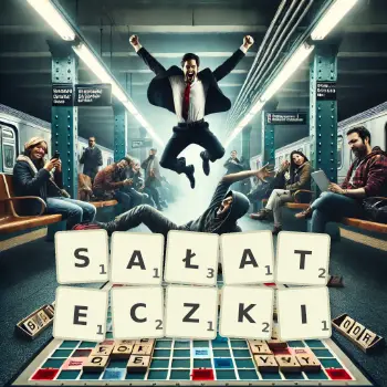 Kreatywna ilustracja do gry w Scrabble ze słowem SAŁATECZKI ułożonym z płytek na planszy.