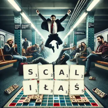 Kreatywna ilustracja do gry w Scrabble ze słowem SCALIŁAŚ ułożonym z płytek na planszy.