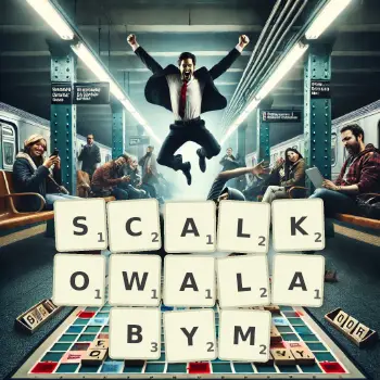 Kreatywna ilustracja do gry w Scrabble ze słowem SCALKOWALABYM ułożonym z płytek na planszy.