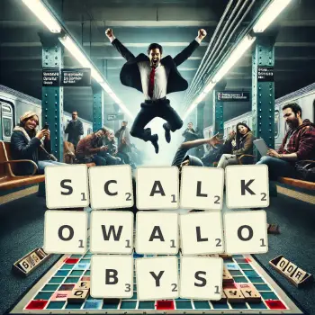 Kreatywna ilustracja do gry w Scrabble ze słowem SCALKOWALOBYS ułożonym z płytek na planszy.