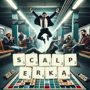 Kreatywna ilustracja do gry w Scrabble ze słowem SCALPERKĄ ułożonym z płytek na planszy.
