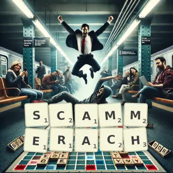 Kreatywna ilustracja do gry w Scrabble ze słowem SCAMMERACH ułożonym z płytek na planszy.