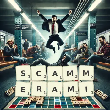 Kreatywna ilustracja do gry w Scrabble ze słowem SCAMMERAMI ułożonym z płytek na planszy.