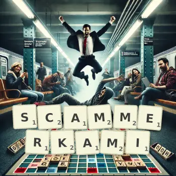 Kreatywna ilustracja do gry w Scrabble ze słowem SCAMMERKAMI ułożonym z płytek na planszy.