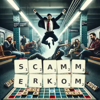 Kreatywna ilustracja do gry w Scrabble ze słowem SCAMMERKOM ułożonym z płytek na planszy.