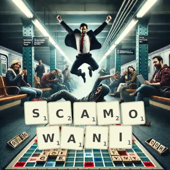 Kreatywna ilustracja do gry w Scrabble ze słowem SCAMOWANI ułożonym z płytek na planszy.