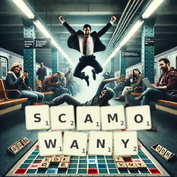 Kreatywna ilustracja do gry w Scrabble ze słowem SCAMOWANY ułożonym z płytek na planszy.