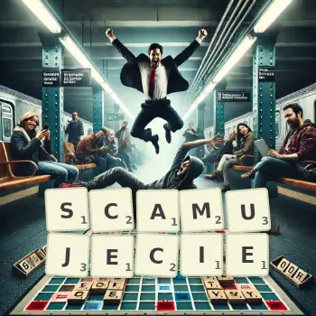 Kreatywna ilustracja do gry w Scrabble ze słowem SCAMUJECIE ułożonym z płytek na planszy.