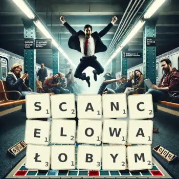 Kreatywna ilustracja do gry w Scrabble ze słowem SCANCELOWAŁOBYM ułożonym z płytek na planszy.