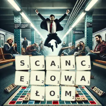 Kreatywna ilustracja do gry w Scrabble ze słowem SCANCELOWAŁOM ułożonym z płytek na planszy.