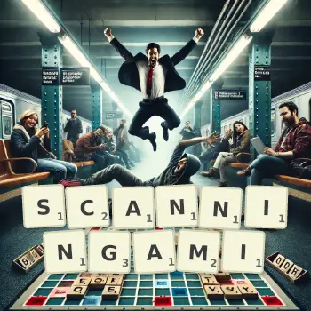 Kreatywna ilustracja do gry w Scrabble ze słowem SCANNINGAMI ułożonym z płytek na planszy.