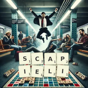 Kreatywna ilustracja do gry w Scrabble ze słowem SCAPIELI ułożonym z płytek na planszy.