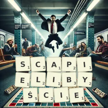 Kreatywna ilustracja do gry w Scrabble ze słowem SCAPIELIBYŚCIE ułożonym z płytek na planszy.