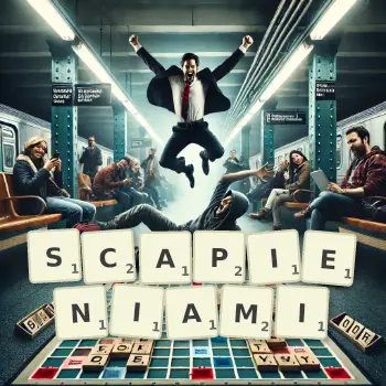 Kreatywna ilustracja do gry w Scrabble ze słowem SCAPIENIAMI ułożonym z płytek na planszy.