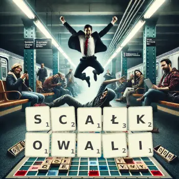 Kreatywna ilustracja do gry w Scrabble ze słowem SCAŁKOWALI ułożonym z płytek na planszy.