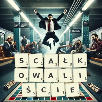 Kreatywna ilustracja do gry w Scrabble ze słowem SCAŁKOWALIŚCIE ułożonym z płytek na planszy.
