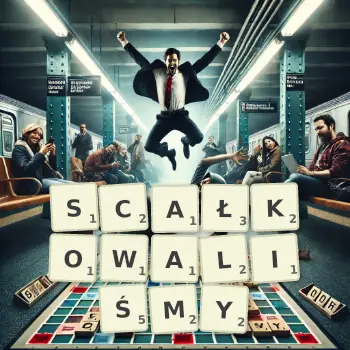 Kreatywna ilustracja do gry w Scrabble ze słowem SCAŁKOWALIŚMY ułożonym z płytek na planszy.