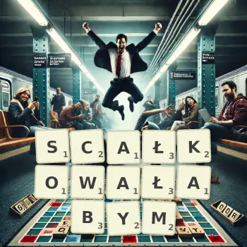 Kreatywna ilustracja do gry w Scrabble ze słowem SCAŁKOWAŁABYM ułożonym z płytek na planszy.