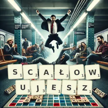 Kreatywna ilustracja do gry w Scrabble ze słowem SCAŁOWUJESZ ułożonym z płytek na planszy.