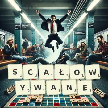 Kreatywna ilustracja do gry w Scrabble ze słowem SCAŁOWYWANE ułożonym z płytek na planszy.