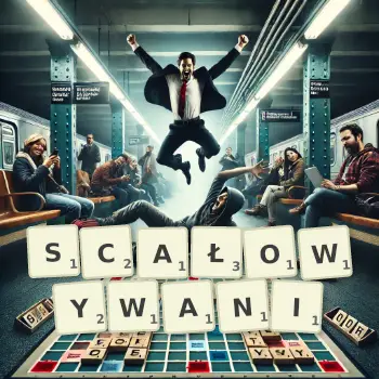 Kreatywna ilustracja do gry w Scrabble ze słowem SCAŁOWYWANI ułożonym z płytek na planszy.