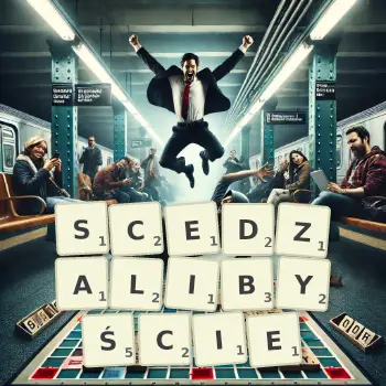Kreatywna ilustracja do gry w Scrabble ze słowem SCEDZALIBYŚCIE ułożonym z płytek na planszy.