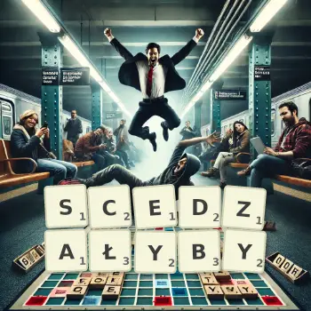 Kreatywna ilustracja do gry w Scrabble ze słowem SCEDZAŁYBY ułożonym z płytek na planszy.