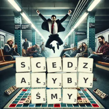Kreatywna ilustracja do gry w Scrabble ze słowem SCEDZAŁYBYŚMY ułożonym z płytek na planszy.