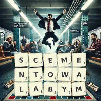 Kreatywna ilustracja do gry w Scrabble ze słowem SCEMENTOWALABYM ułożonym z płytek na planszy.