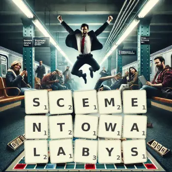 Kreatywna ilustracja do gry w Scrabble ze słowem SCEMENTOWALABYS ułożonym z płytek na planszy.