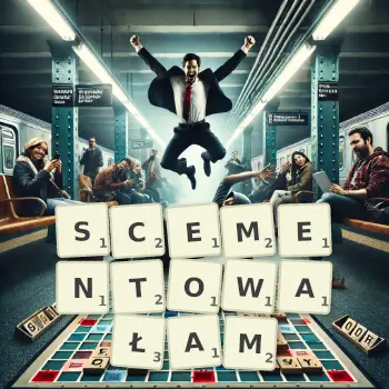 Kreatywna ilustracja do gry w Scrabble ze słowem SCEMENTOWAŁAM ułożonym z płytek na planszy.