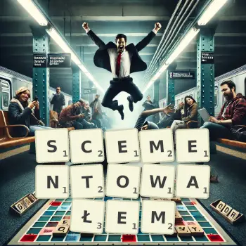 Kreatywna ilustracja do gry w Scrabble ze słowem SCEMENTOWAŁEM ułożonym z płytek na planszy.