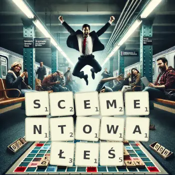 Kreatywna ilustracja do gry w Scrabble ze słowem SCEMENTOWAŁEŚ ułożonym z płytek na planszy.