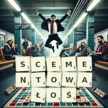 Kreatywna ilustracja do gry w Scrabble ze słowem SCEMENTOWAŁOŚ ułożonym z płytek na planszy.