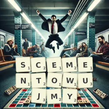 Kreatywna ilustracja do gry w Scrabble ze słowem SCEMENTOWUJMY ułożonym z płytek na planszy.