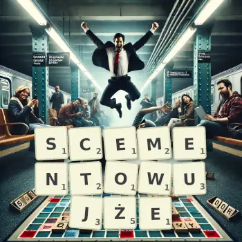 Kreatywna ilustracja do gry w Scrabble ze słowem SCEMENTOWUJŻE ułożonym z płytek na planszy.