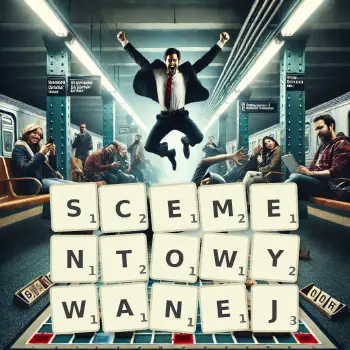 Kreatywna ilustracja do gry w Scrabble ze słowem SCEMENTOWYWANEJ ułożonym z płytek na planszy.