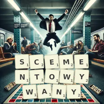 Kreatywna ilustracja do gry w Scrabble ze słowem SCEMENTOWYWANY ułożonym z płytek na planszy.