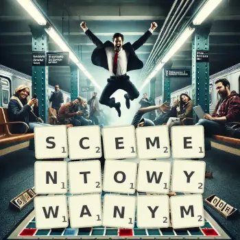 Kreatywna ilustracja do gry w Scrabble ze słowem SCEMENTOWYWANYM ułożonym z płytek na planszy.