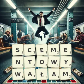 Kreatywna ilustracja do gry w Scrabble ze słowem SCEMENTOWYWAŁAM ułożonym z płytek na planszy.