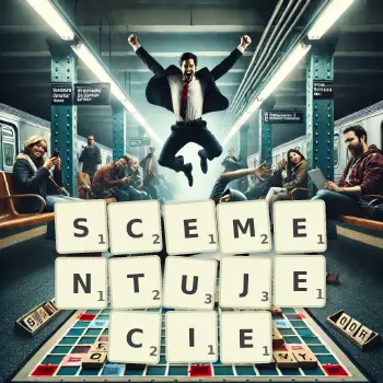 Kreatywna ilustracja do gry w Scrabble ze słowem SCEMENTUJECIE ułożonym z płytek na planszy.