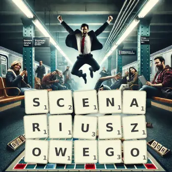Kreatywna ilustracja do gry w Scrabble ze słowem SCENARIUSZOWEGO ułożonym z płytek na planszy.