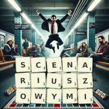 Kreatywna ilustracja do gry w Scrabble ze słowem SCENARIUSZOWYMI ułożonym z płytek na planszy.