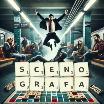 Kreatywna ilustracja do gry w Scrabble ze słowem SCENOGRAFA ułożonym z płytek na planszy.
