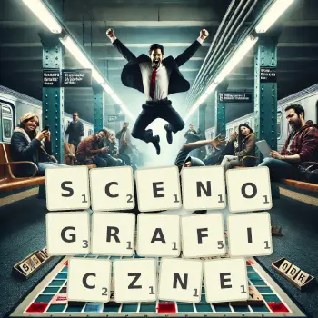 Kreatywna ilustracja do gry w Scrabble ze słowem SCENOGRAFICZNE ułożonym z płytek na planszy.