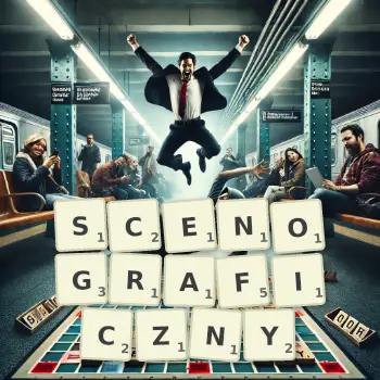 Kreatywna ilustracja do gry w Scrabble ze słowem SCENOGRAFICZNY ułożonym z płytek na planszy.