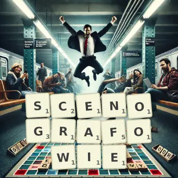 Kreatywna ilustracja do gry w Scrabble ze słowem SCENOGRAFOWIE ułożonym z płytek na planszy.